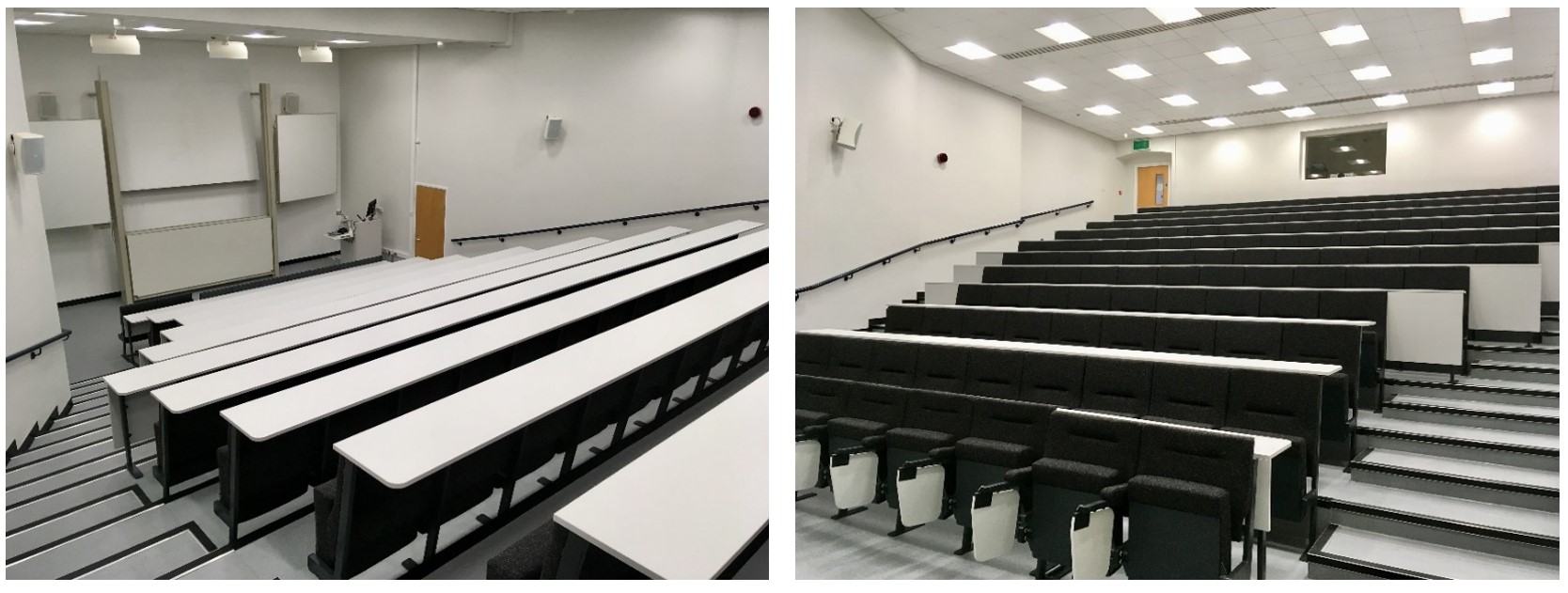 Rows of fixed seats facing teaching wall in lecture theatre.